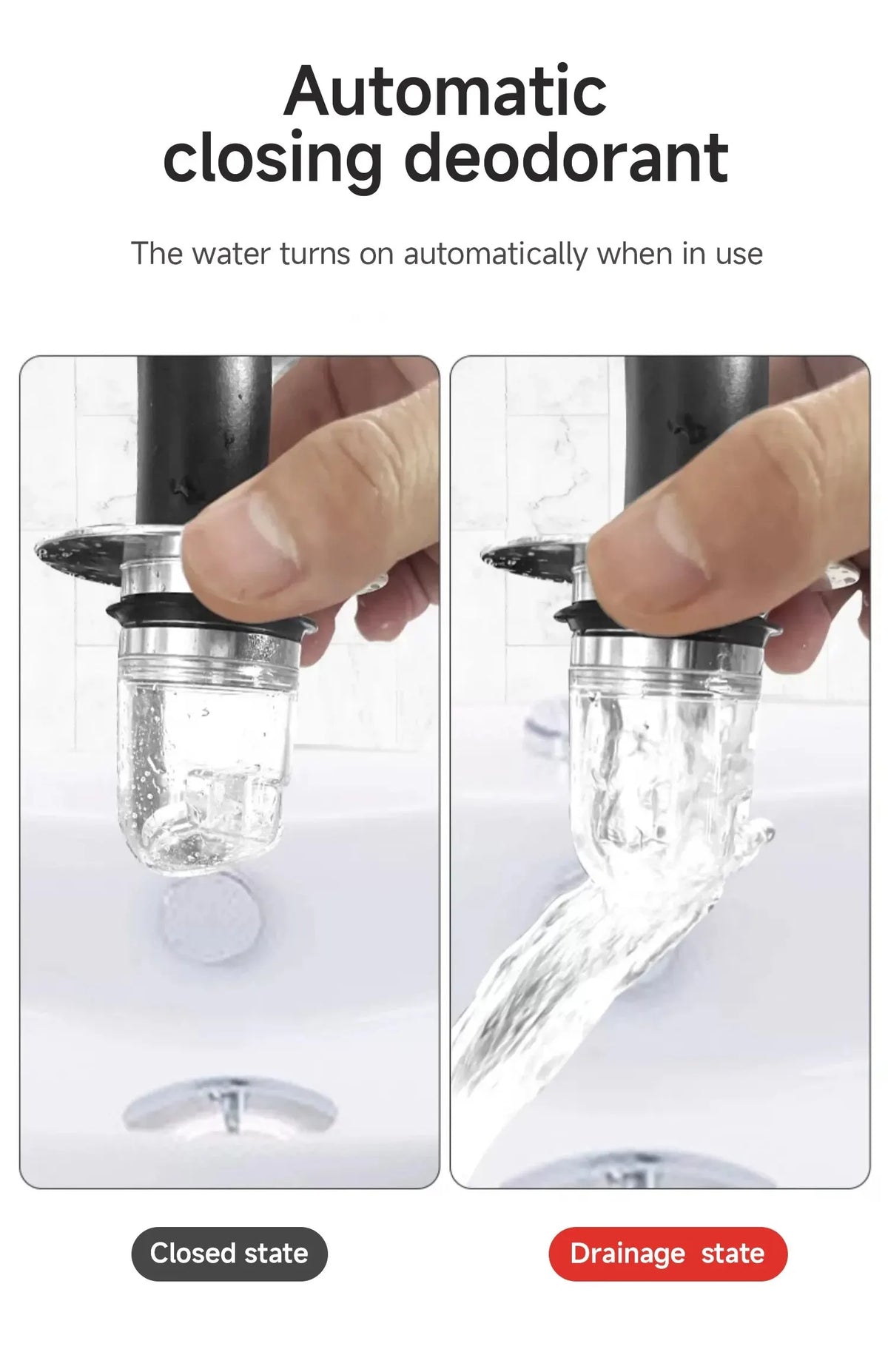A close-up of a pop-up drain filter with a hair catcher being used to drain water from a sink.