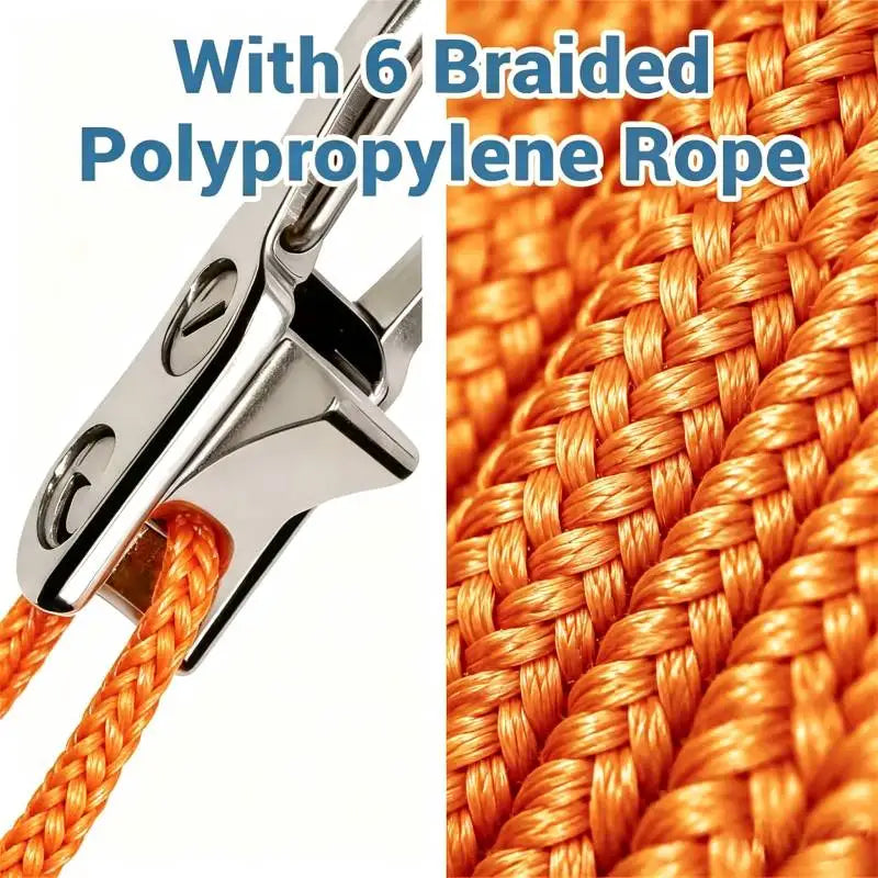 Aluminum alloy tent rope tensioner with six braided polypropylene ropes in orange color