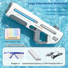A white electric water gun is shown with accessories including goggles, a sealed modular battery, and a USB charging cable.