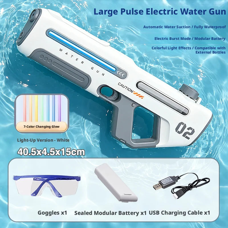 A white electric water gun is shown with accessories including goggles, a sealed modular battery, and a USB charging cable.