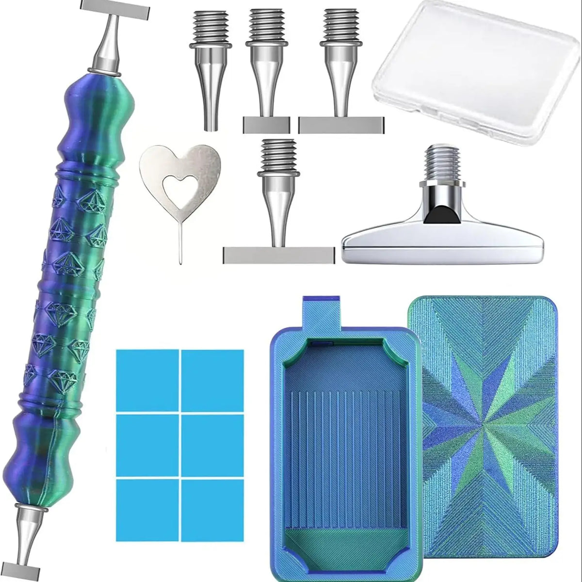 A set of 5D diamond painting pens with steel tips, including a pen, tips, and a storage tray.