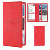 A red faux leather car insurance and registration holder with a clear plastic sleeve and an open display view.