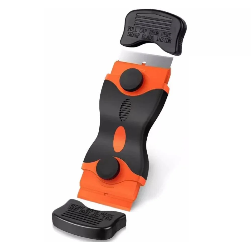 An orange and black versatile 2-in-1 glass and hob scraper with replacement blades.