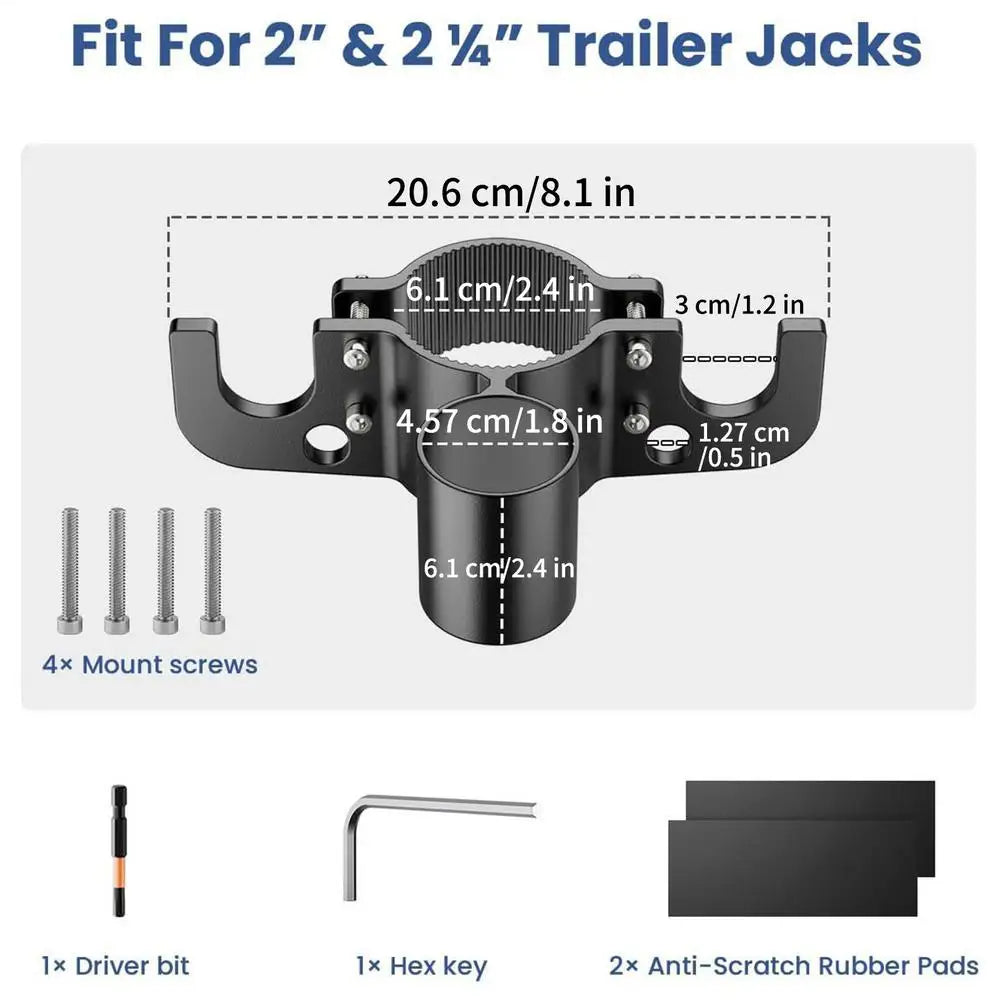 A black trailer jack fitting with mounting holes and accessories including a driver bit, hex key, and rubber pads.
