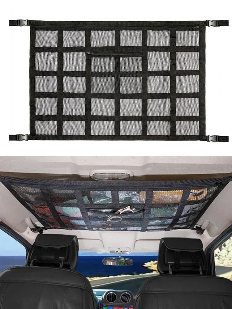 A black ceiling cargo net organizer installed in the interior of a vehicle, visible through the sunroof.
