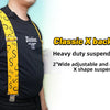 A man wearing a black shirt with a yellow suspender is shown, highlighting the Classic X back design.