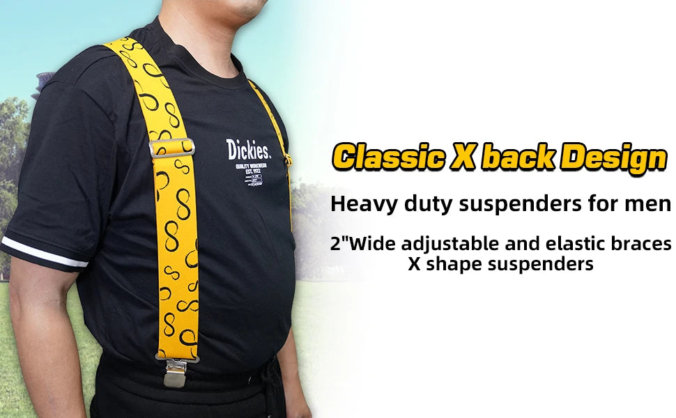 A man wearing a black shirt with a yellow suspender is shown, highlighting the Classic X back design.