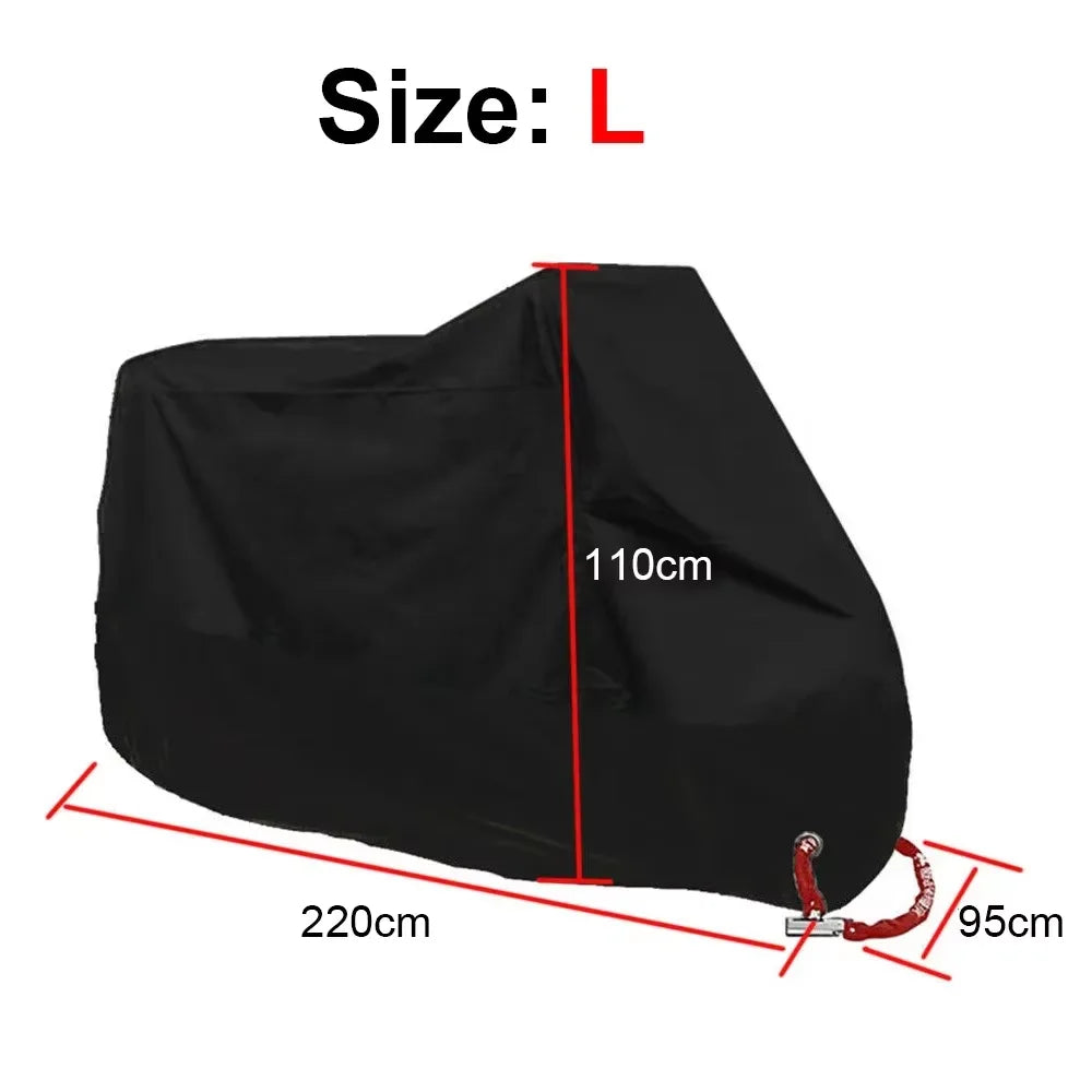 Black all-weather motorcycle cover size L showing dimensions and anti-theft locks