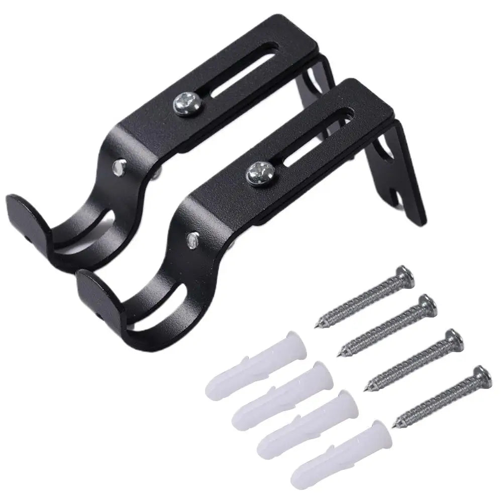 Black metal curtain rod bracket set with mounting pins and screws