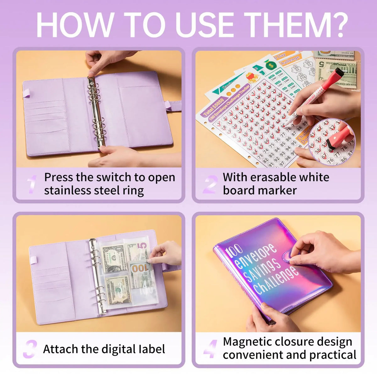 Instructions showing how to use an A5 budget binder with cash envelopes and savings challenge