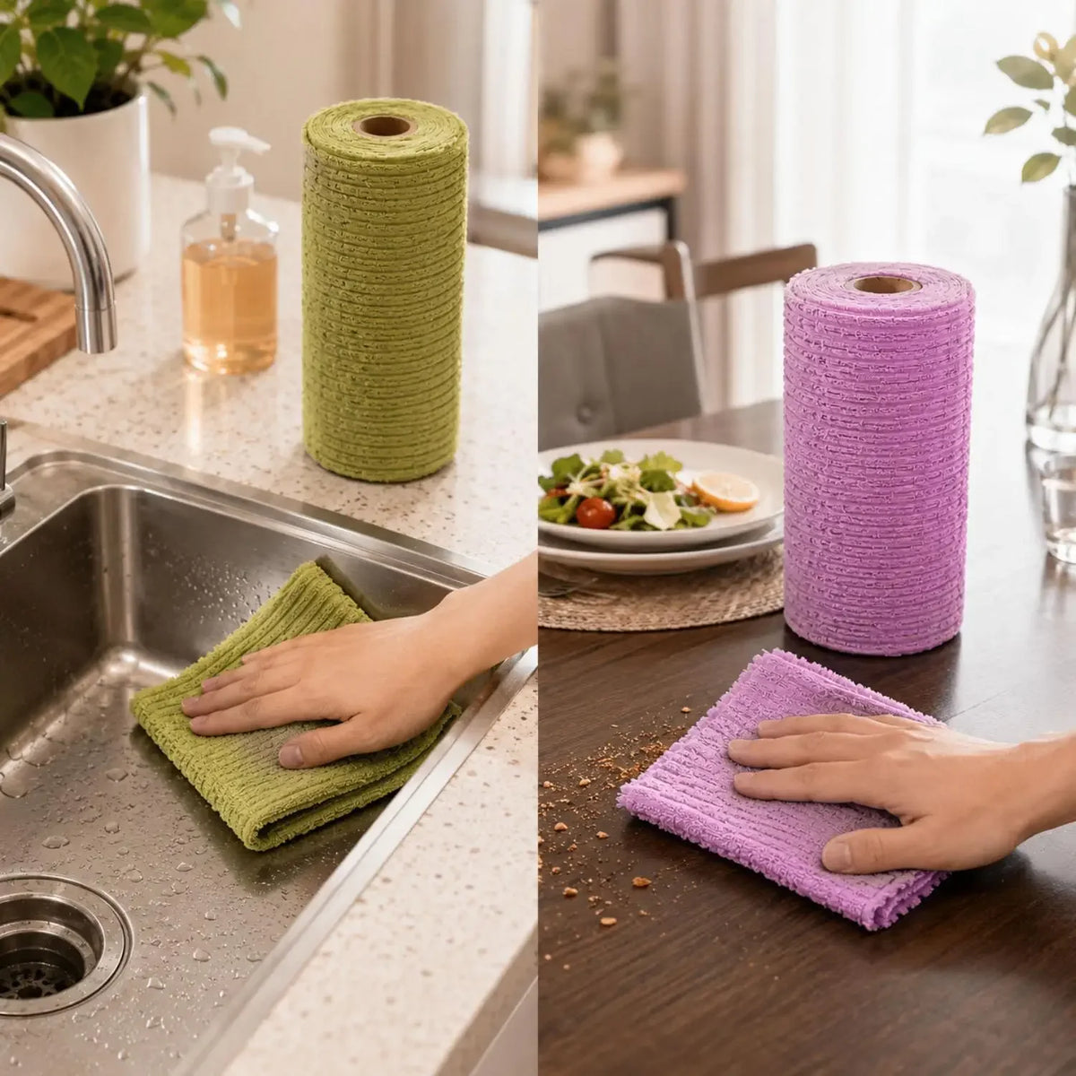 A close-up of reusable tear-away cleaning cloths in lime green and purple being used for kitchen cleaning.