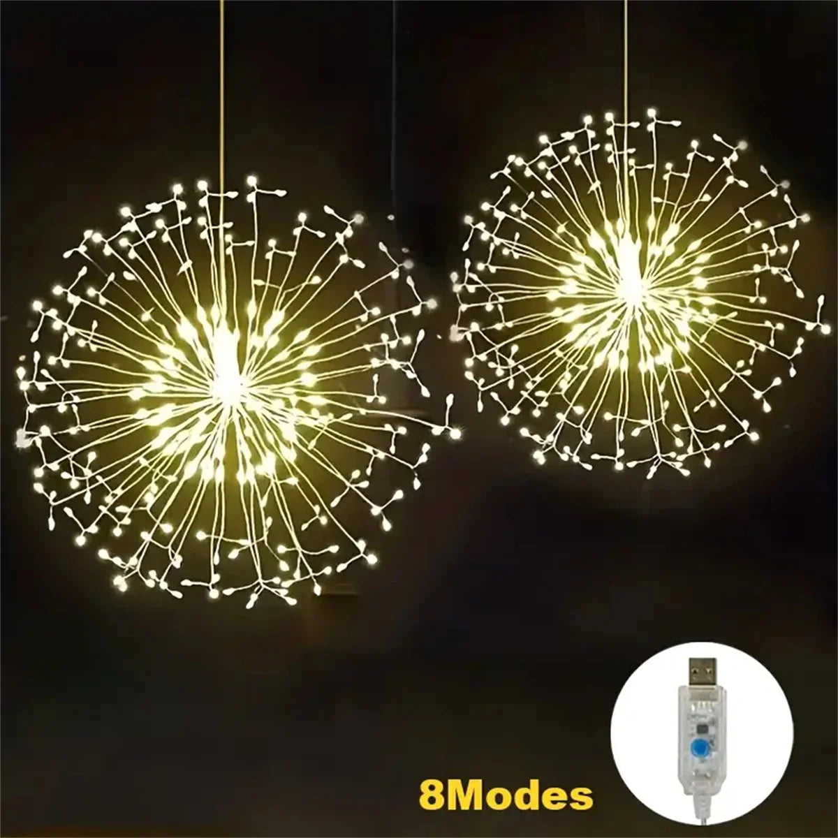 Two spherical LED fairy light fixtures emitting bright yellow light against a dark background.