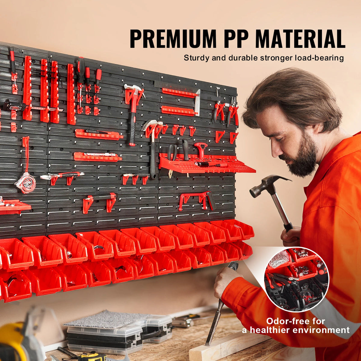 Wall-mounted storage organizer featuring red and black PP material parts for tool storage