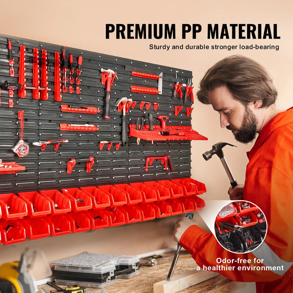 Wall-mounted storage organizer featuring red and black PP material parts for tool storage
