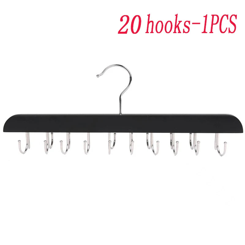 Black wooden hanging organizer with 20 hooks for storing belts, hats, and accessories