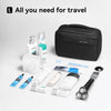 A black waterproof travel toiletry bag is shown with various travel items like a razor and skincare products.