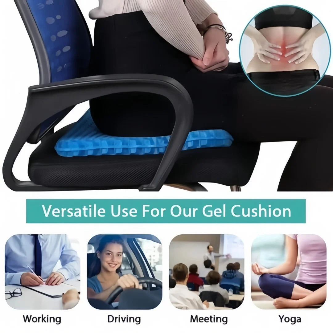 A breathable honeycomb silicone seat cushion shown in various contexts: working, driving, meeting, and yoga.