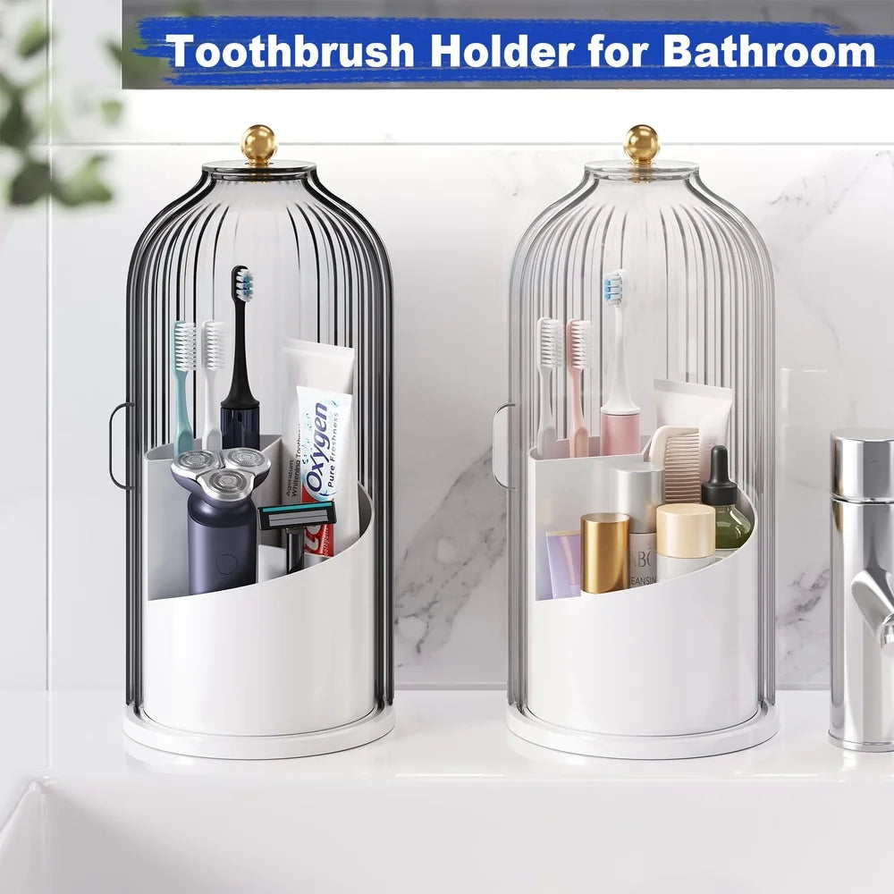 Clear glass toothbrush holder with rotating mechanism and dustproof cover for bathroom storage