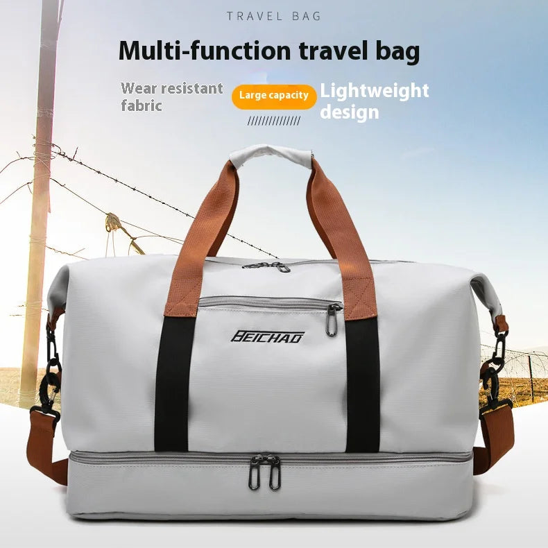 A white multi-function travel bag with brown straps and black accents shown against a light background.