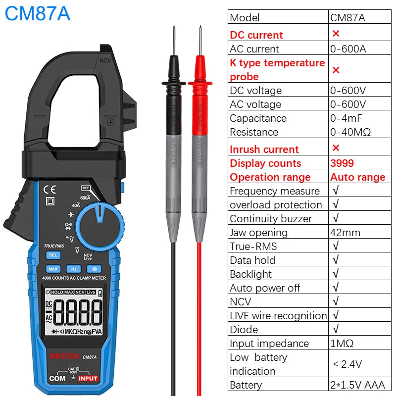1000A True RMS Digital Clamp Meter with NCV Detection
