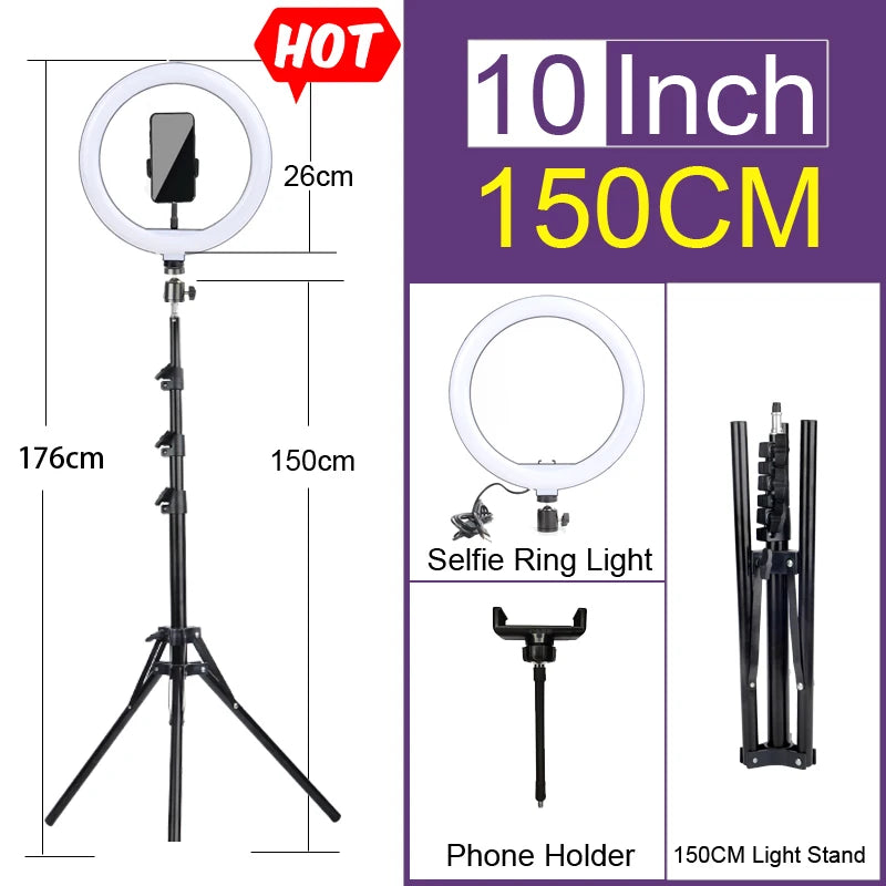 Adjustable 10 inch selfie ring light with tripod and phone holder for video calls