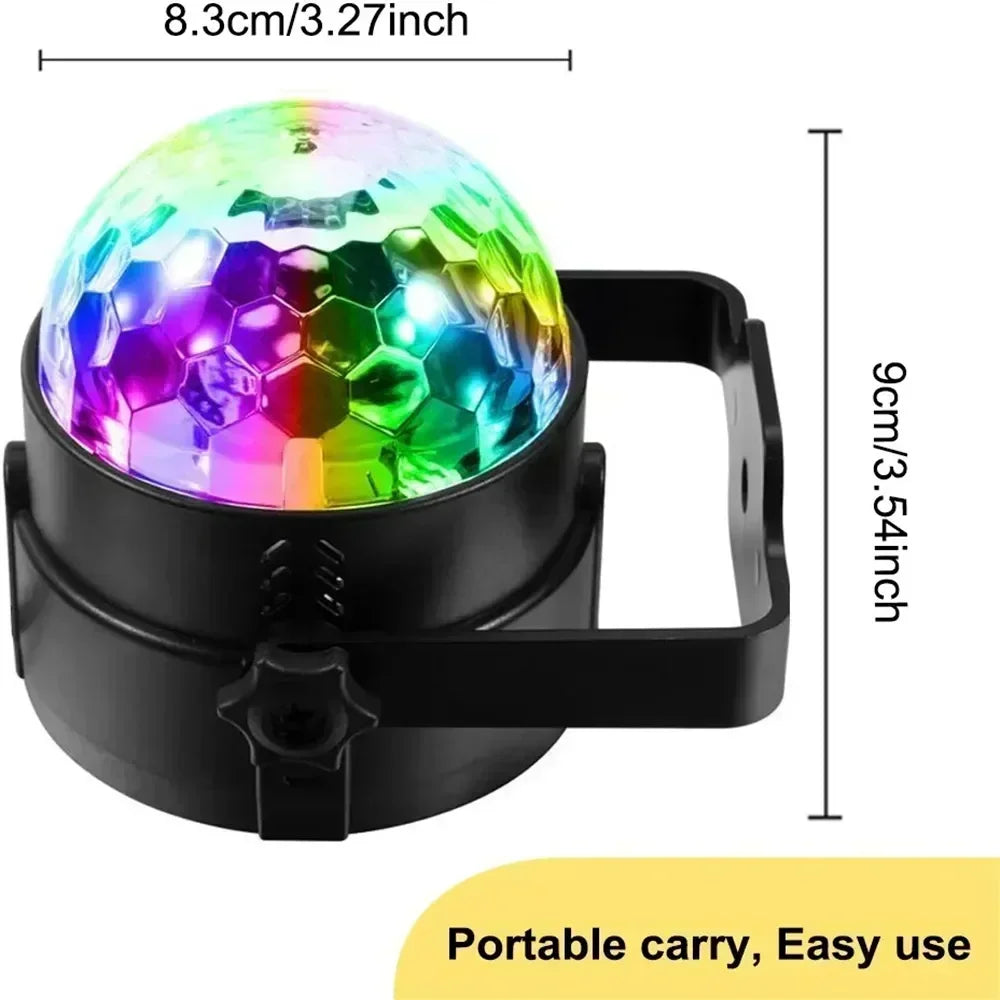 Lámpara disco giratoria negra portátil RGB con esfera de vidrio hexagonal.