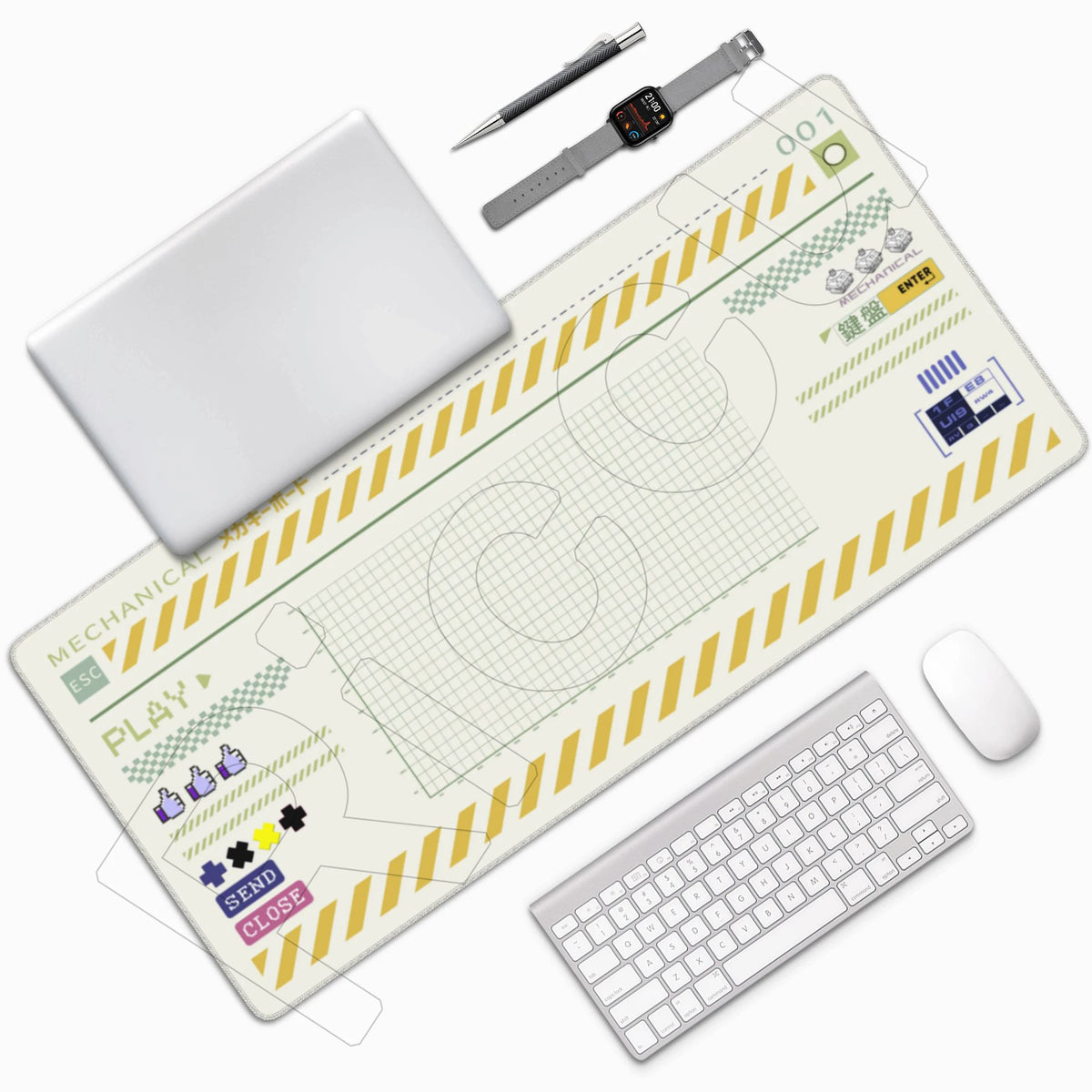 A Japanese art large mouse pad with a non-slip rubber base and a separate mechanical pen is shown on a white background.