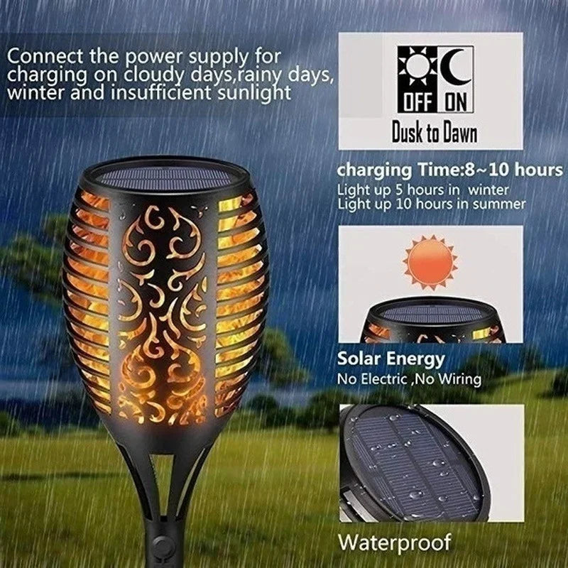 A black solar flame torch light is shown with various features like charging time and waterproof capability.