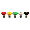 Set of five quick-connect pressure washer nozzles in red, yellow, green, white, and black.