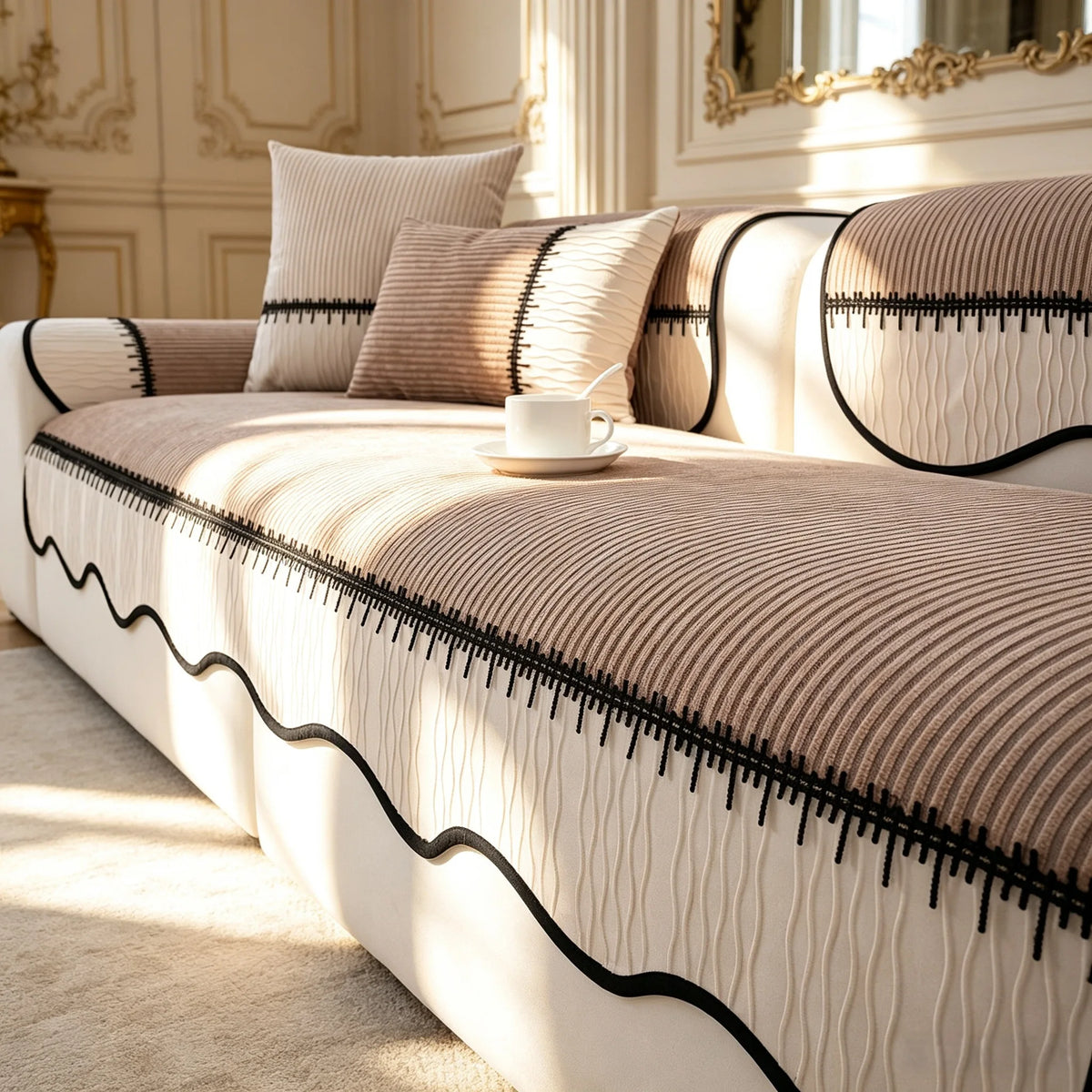 A beige striped chenille sofa cover with a pleated hem and black trim, displayed on a light-colored upholstered bed.
