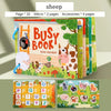 A colorful busy book for toddlers featuring alphabet letters and matching animal pictures like sheep, cow, and dog.