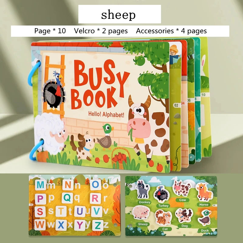 A colorful busy book for toddlers featuring alphabet letters and matching animal pictures like sheep, cow, and dog.