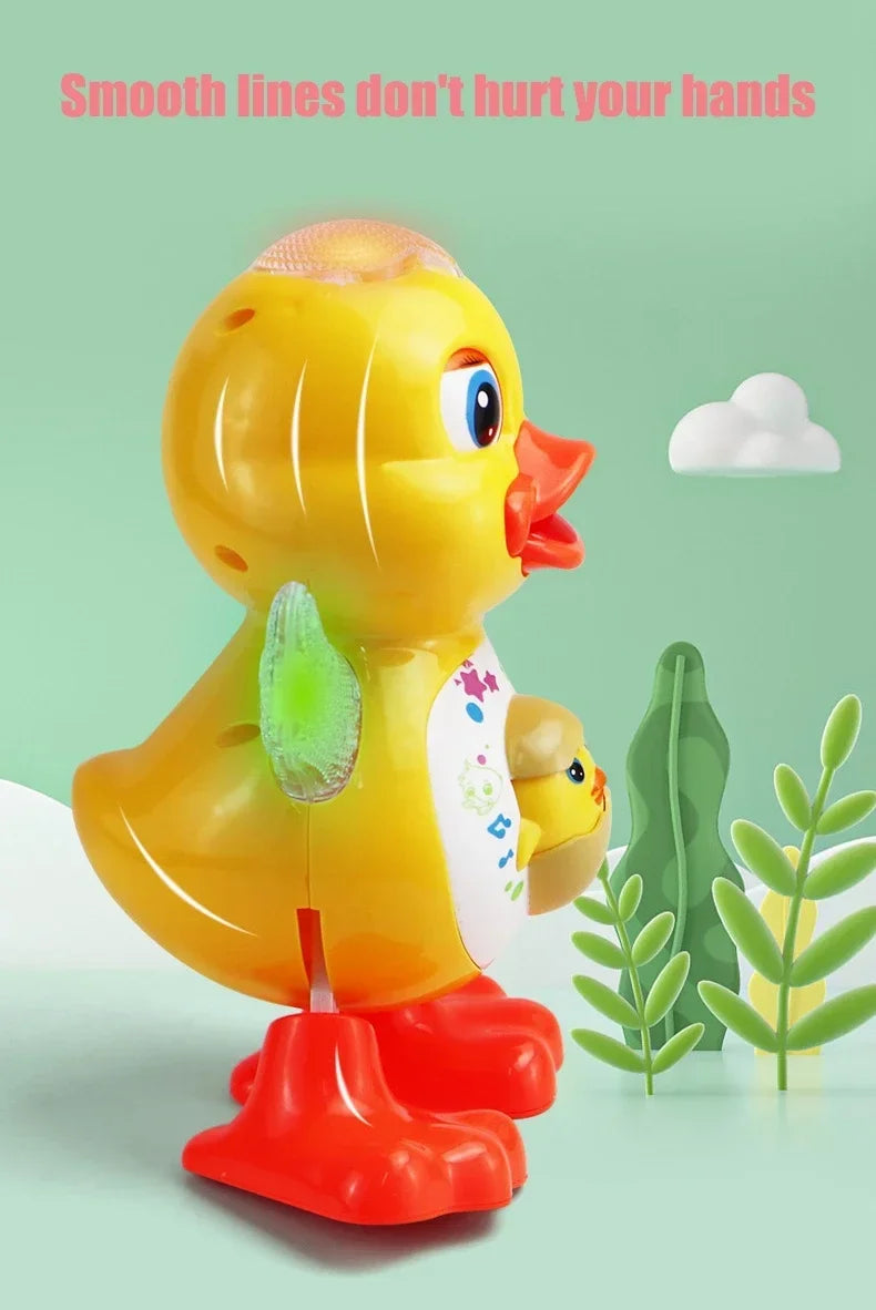A yellow interactive dancing duck toy with bright eyes and a red foot, set against a light green background.