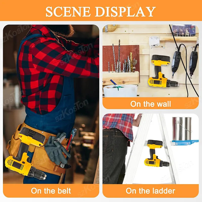 Tools displayed on the belt, wall, and ladder including a stainless steel belt clip hook for Dewalt drills.