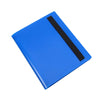 A bright blue card binder album with a black closure strip, shown at an angle.