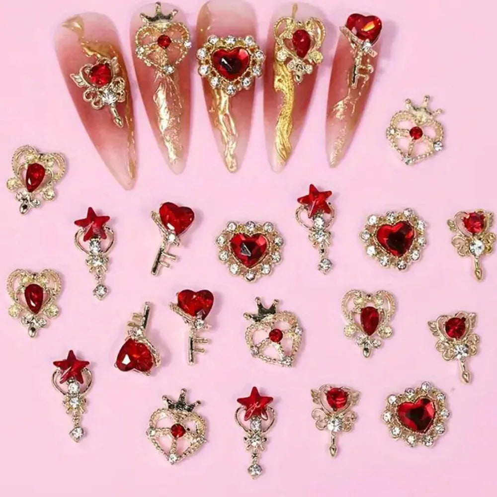 3D Red Heart Nail Art Charms with Gold Base (30-Piece Set)