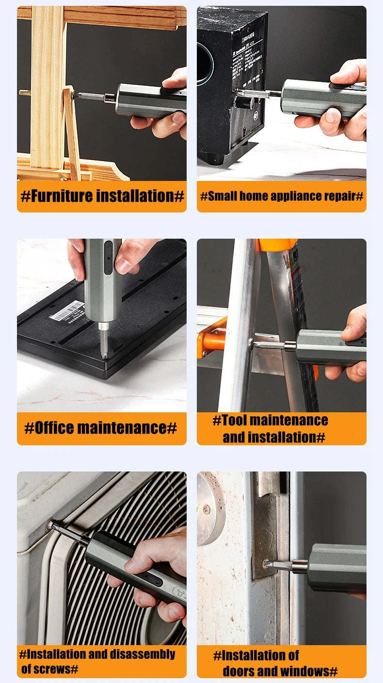 Various images showing a cordless electric screwdriver being used for furniture installation, appliance repair, tool maintena