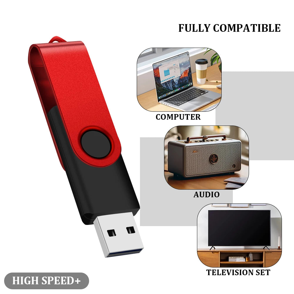 A red and black portable USB 2.0 flash drive shown with compatibility icons for computer, audio, and television set.