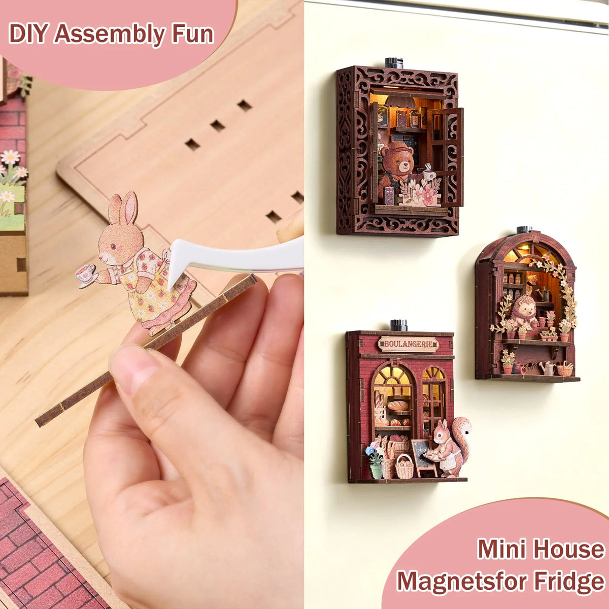 DIY assembly kit showing a wooden miniature house with LED lighting and figurines used as fridge magnets