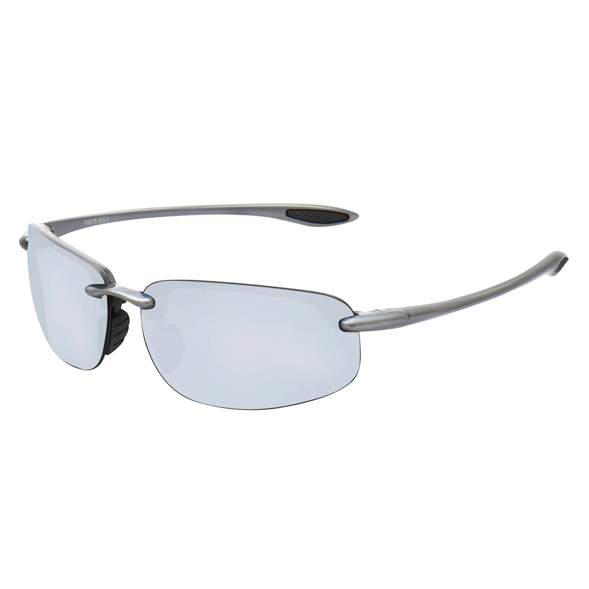 Rimless polarized sports sunglasses with a silver frame and clear lenses