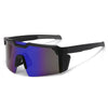 A pair of black sports sunglasses with polarized blue and purple lenses shown against a white background.