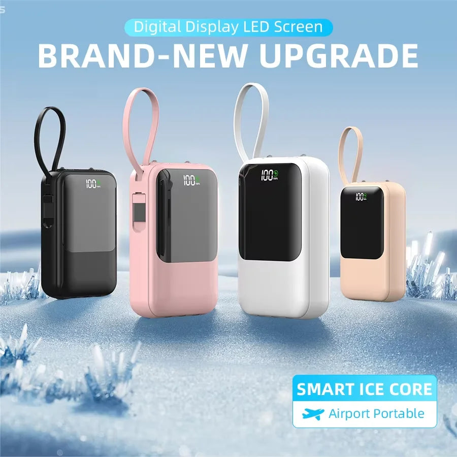 Four pink and white digital display LED screens of a portable power bank with built-in cables and flashlight
