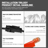 Installation trilogy product detail showing snap on connection method, flexible adhesive, and tail plug design.