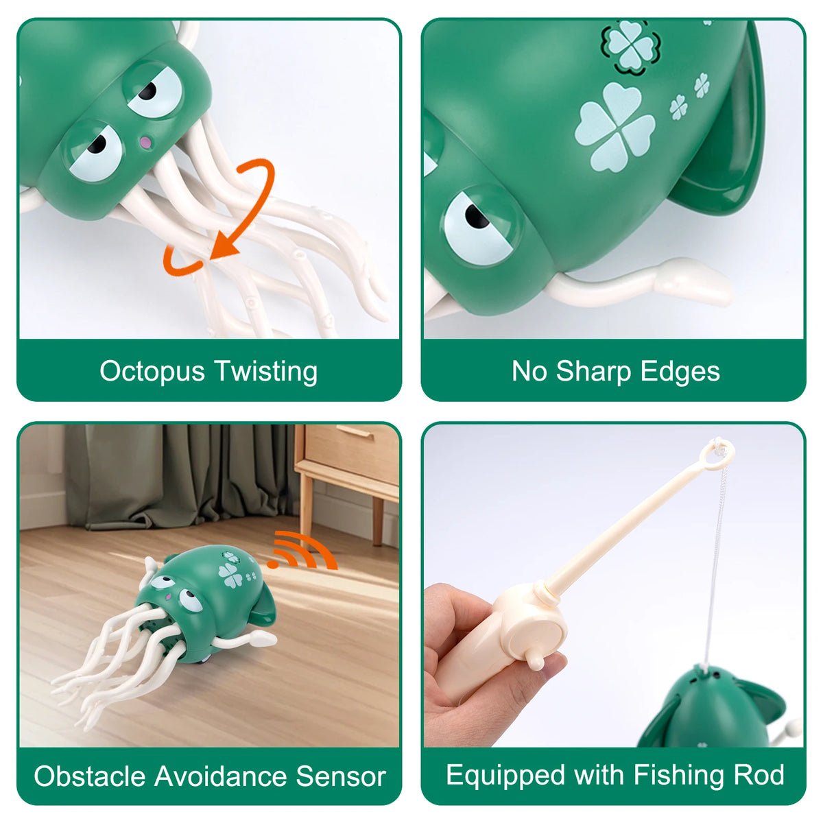 Interactive dancing squid toy with music lights and obstacle avoidance sensor equipped with a fishing rod