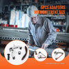A man is shown using angle grinder adapters with different sizes to attach sanding belts for various brands of angle grinders