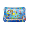 A blue inflatable baby water play mat filled with various floating toys and sea creatures.