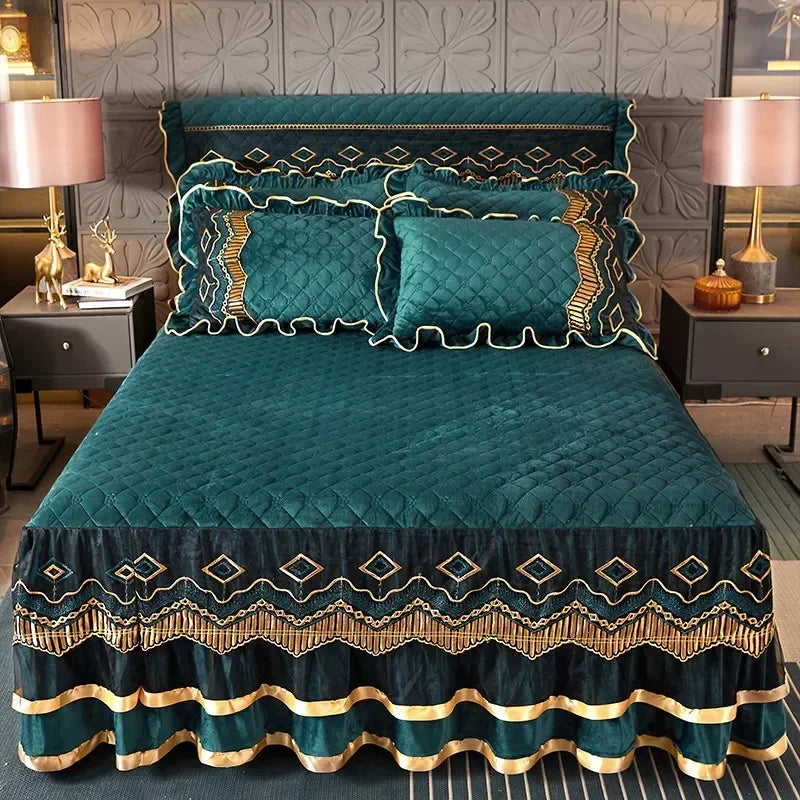 Crystal Velvet Gold Lace Bed Skirt with Anti-Slip Base