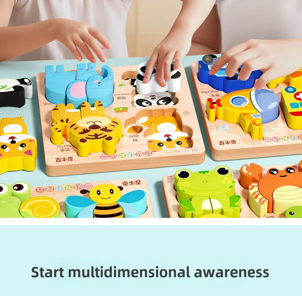 A set of wooden 3D animal and traffic jigsaw puzzles for children, featuring various colorful shapes and animals.