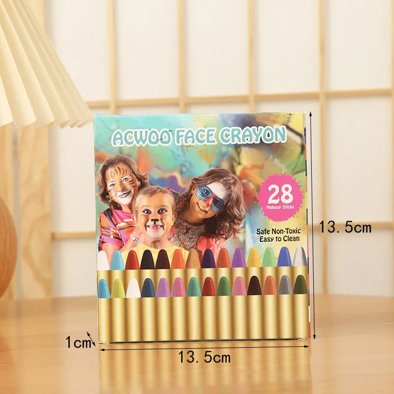A set of 28 ACWOO Face Crayons in various colors displayed in a cardboard box.