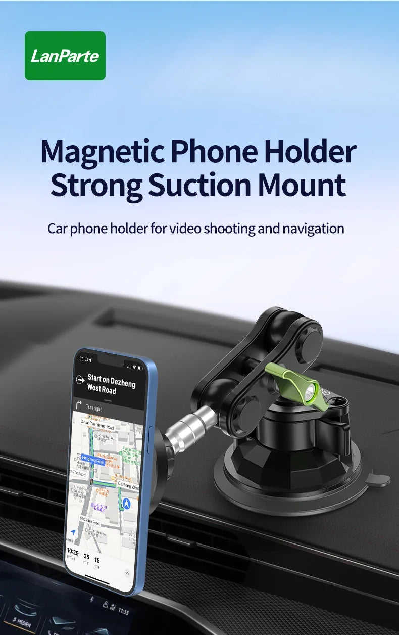 A magnetic phone holder is mounted on a car dashboard, used for video shooting and navigation.